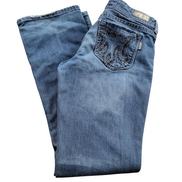 MEK Jeans Womens 30x32.5 Tag 30x34 Bootcut Dark Wash Embroidered Pockets Denim - Picture 1 of 10